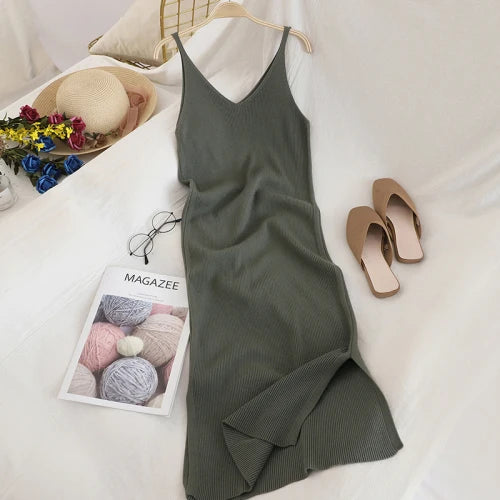 Women’s Midi Dress Office Lady – Spaghetti Straps & V-Neck