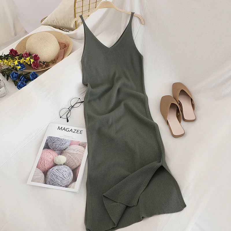 Women’s Midi Dress Office Lady – Spaghetti Straps & V-Neck