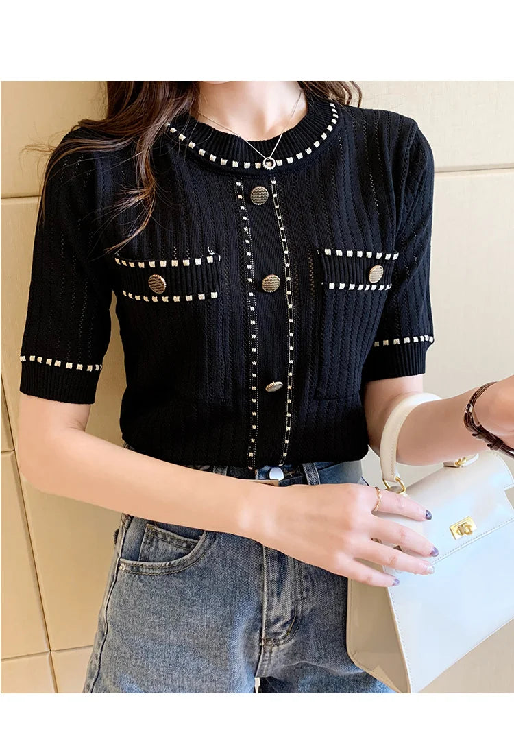 Women’s Casual T-Shirt with Pockets – Cotton & Acrylic