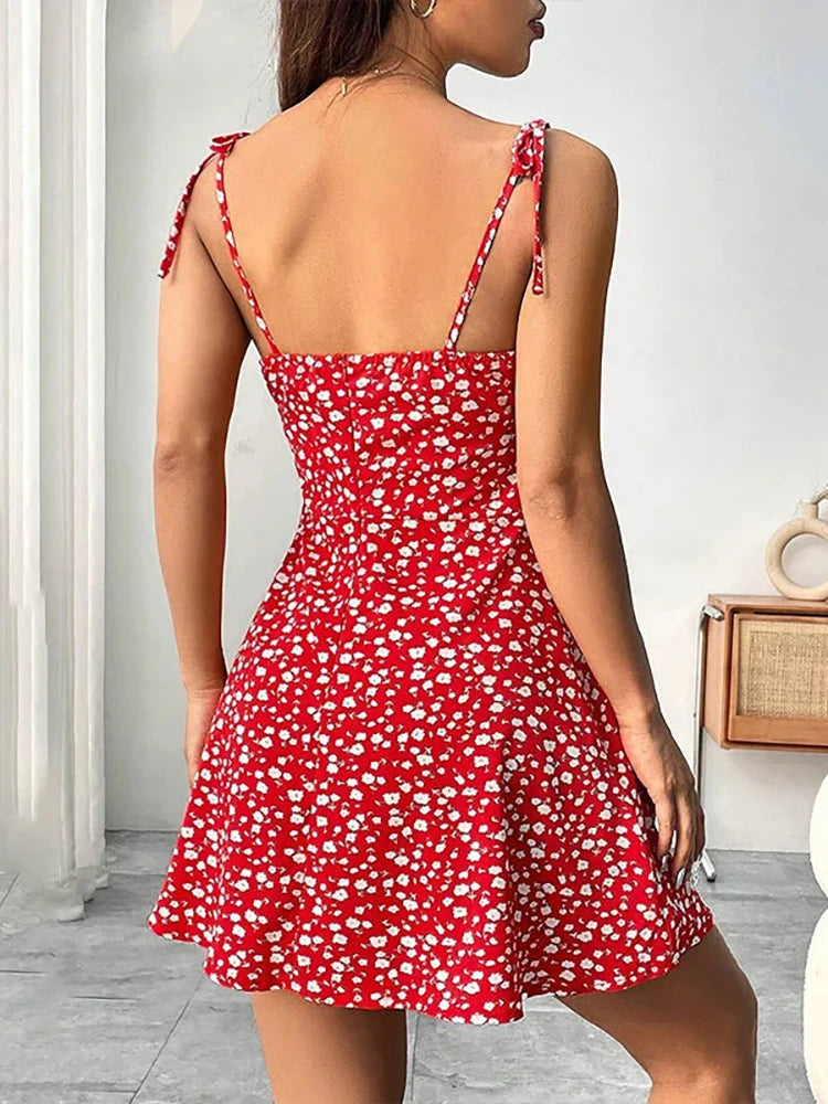 Women’s Casual Printed Dress – Spaghetti Straps and Square Neckline