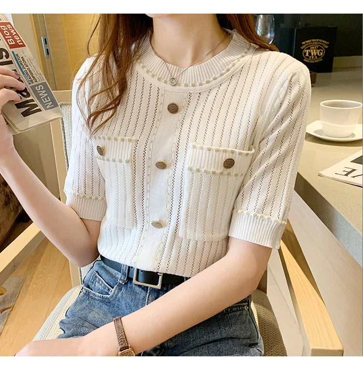 Women’s Casual T-Shirt with Pockets – Cotton & Acrylic