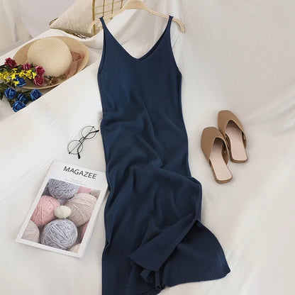 Women’s Midi Dress Office Lady – Spaghetti Straps & V-Neck