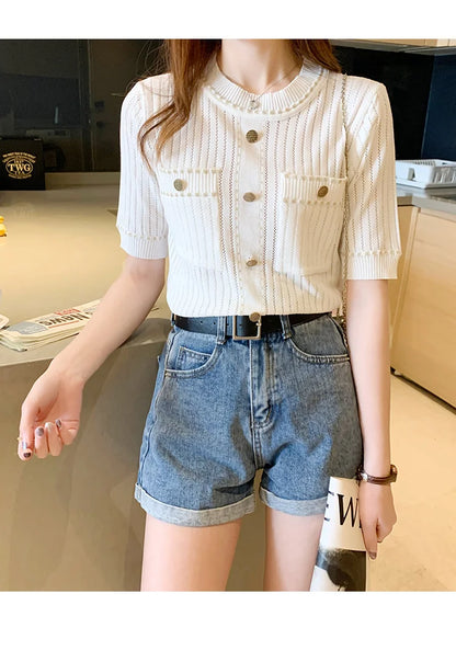 Women’s Casual T-Shirt with Pockets – Cotton & Acrylic