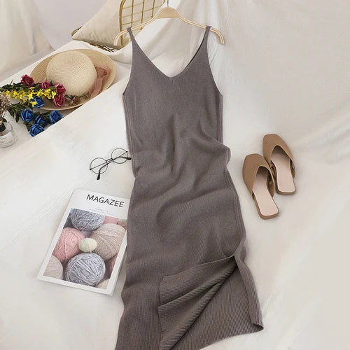 Women’s Midi Dress Office Lady – Spaghetti Straps & V-Neck