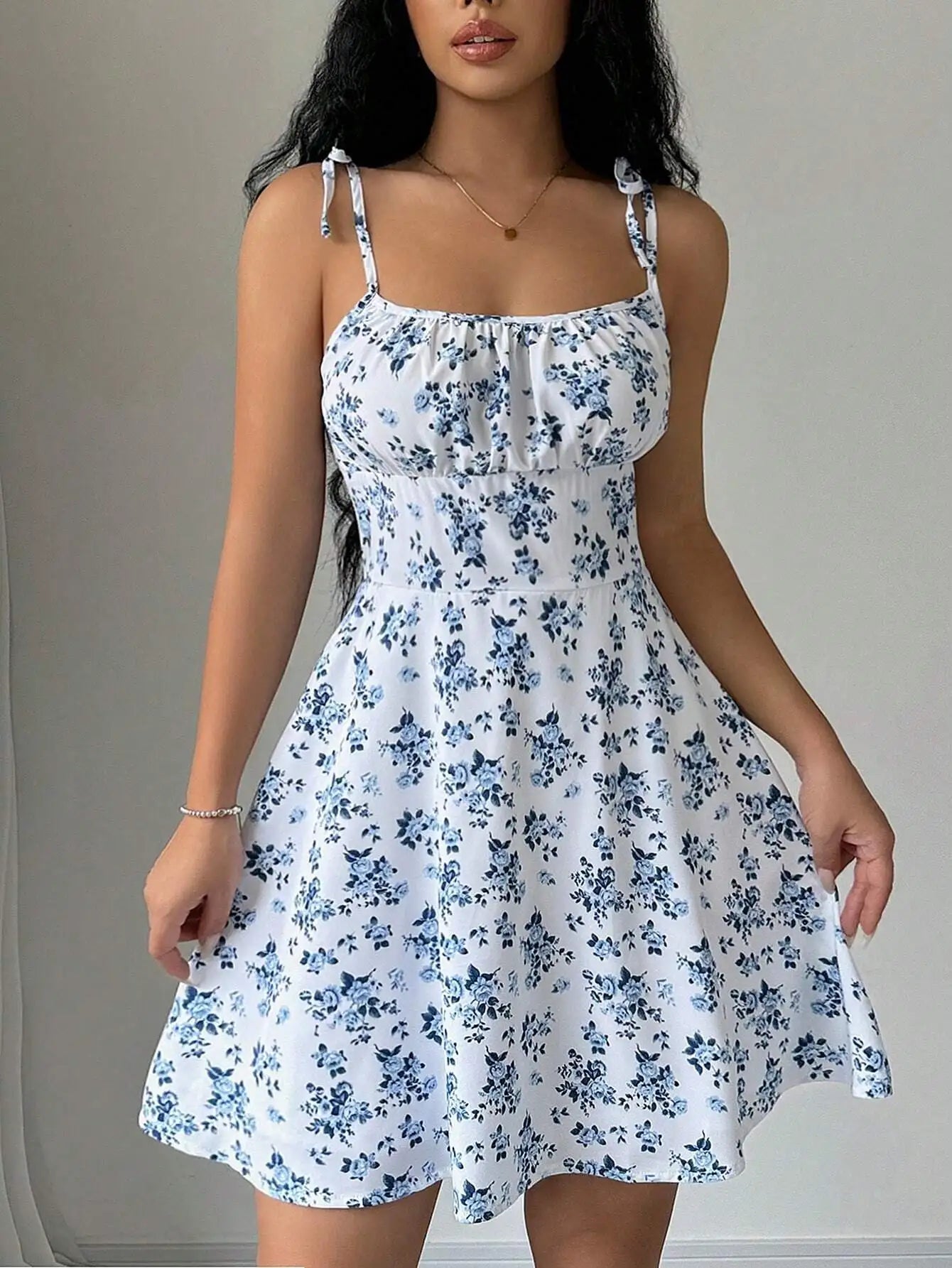 Women’s Casual Printed Dress – Spaghetti Straps and Square Neckline