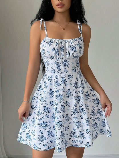 Women’s Casual Printed Dress – Spaghetti Straps and Square Neckline