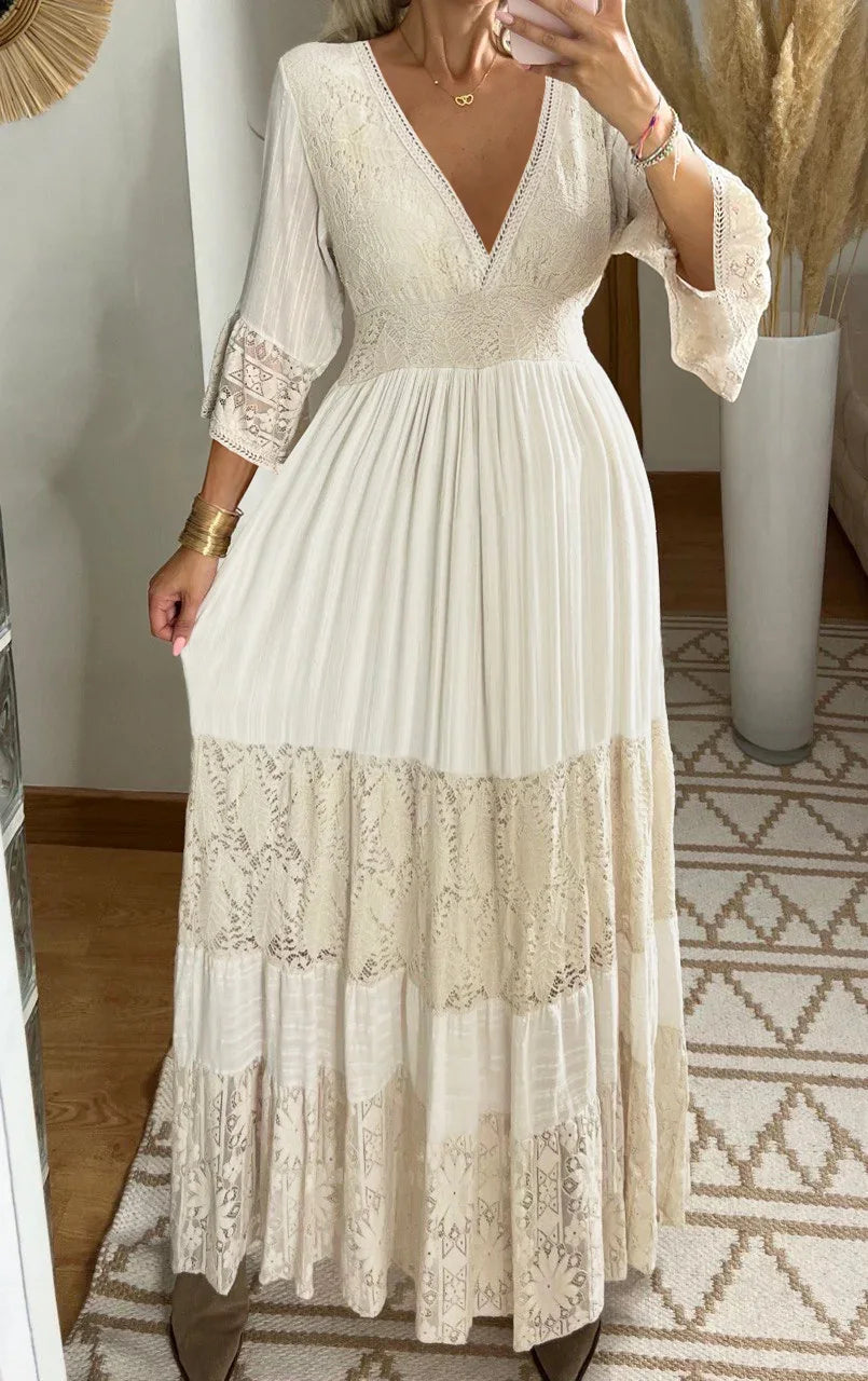 Women’s Vintage Lace Maxi Dress – V-Neck & Empire Waist