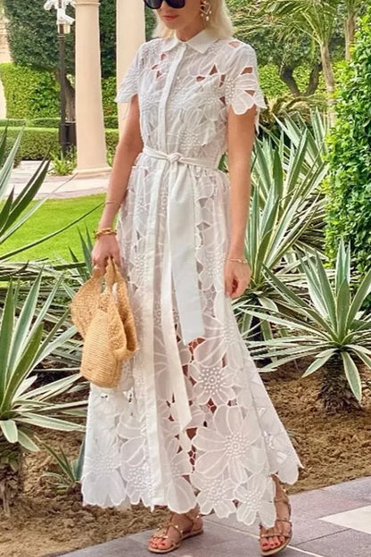 Women’s High Street Maxi Dress – Turn-Down Collar & Hollow Out