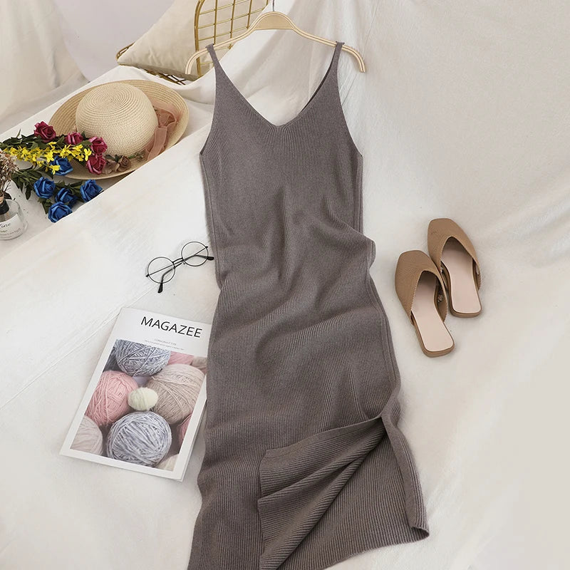 Women’s Midi Dress Office Lady – Spaghetti Straps & V-Neck