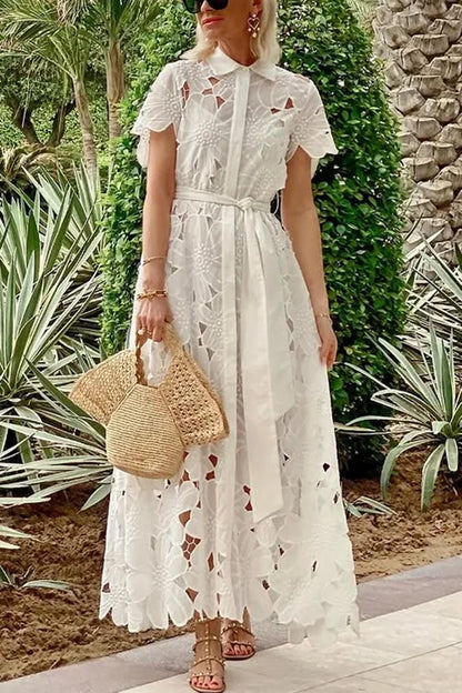 Women’s High Street Maxi Dress – Turn-Down Collar & Hollow Out