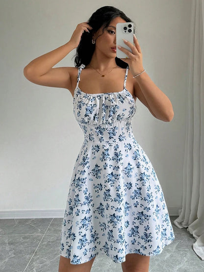 Women’s Casual Printed Dress – Spaghetti Straps and Square Neckline