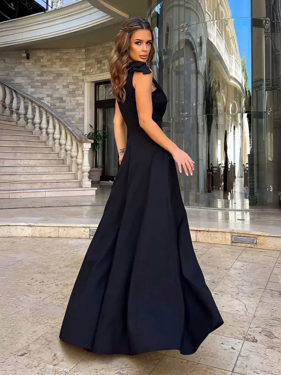 Women’s Office Lady Maxi Dress – V-Neck & Backless
