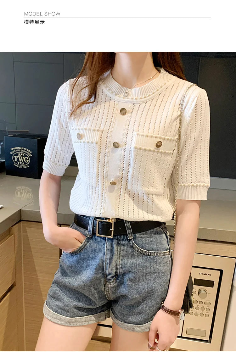 Women’s Casual T-Shirt with Pockets – Cotton & Acrylic
