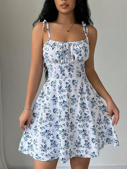 Women’s Casual Printed Dress – Spaghetti Straps and Square Neckline