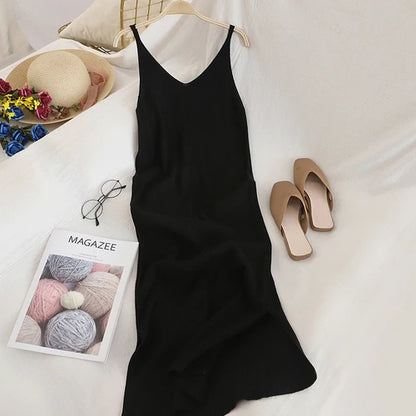 Women’s Midi Dress Office Lady – Spaghetti Straps & V-Neck