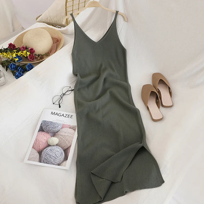 Women’s Midi Dress Office Lady – Spaghetti Straps & V-Neck