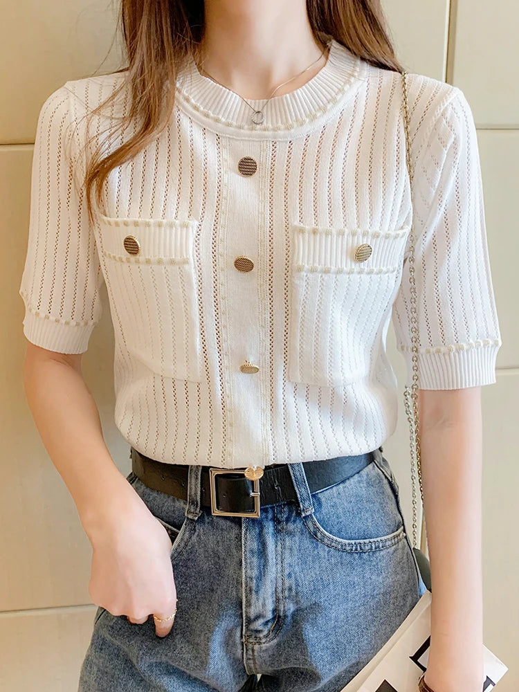 Women’s Casual T-Shirt with Pockets – Cotton & Acrylic