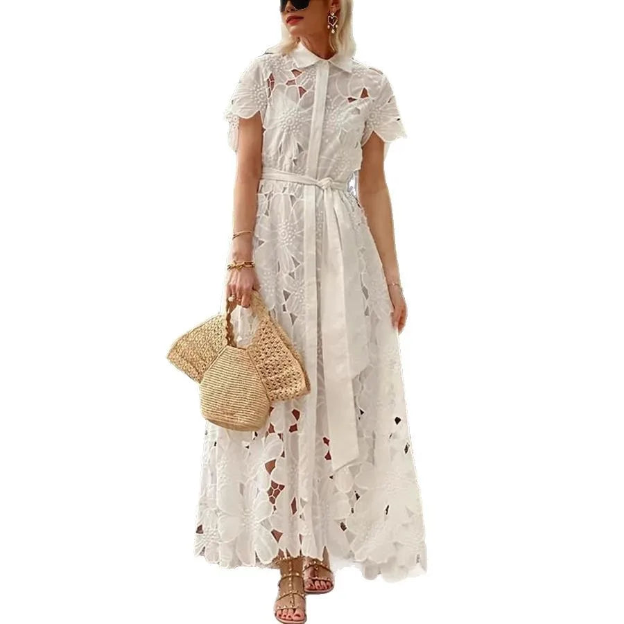 Women’s High Street Maxi Dress – Turn-Down Collar & Hollow Out