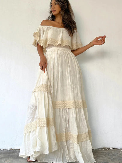 Women’s Vintage Lace Maxi Dress – V-Neck & Empire Waist