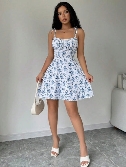 Women’s Casual Printed Dress – Spaghetti Straps and Square Neckline