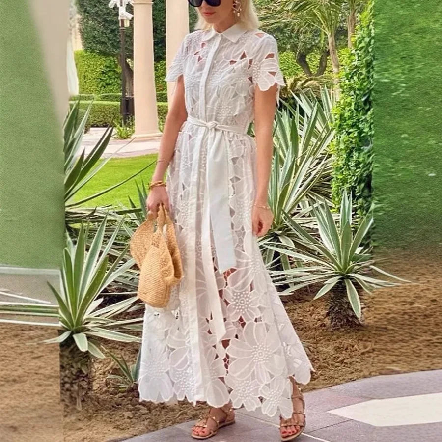 Women’s High Street Maxi Dress – Turn-Down Collar & Hollow Out
