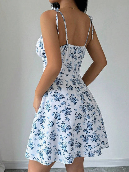 Women’s Casual Printed Dress – Spaghetti Straps and Square Neckline