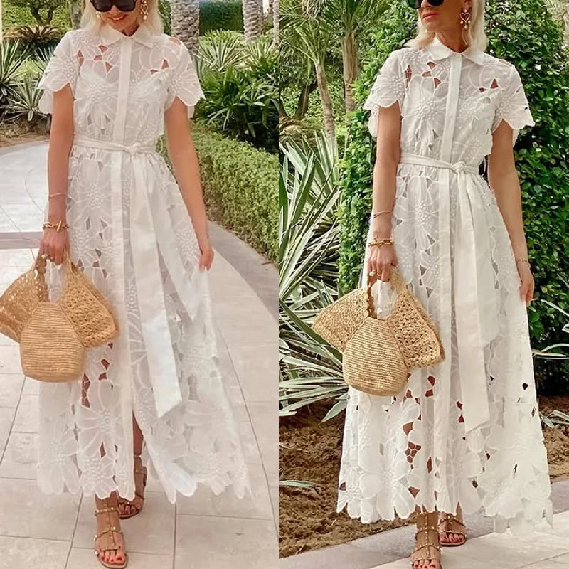 Women’s High Street Maxi Dress – Turn-Down Collar & Hollow Out