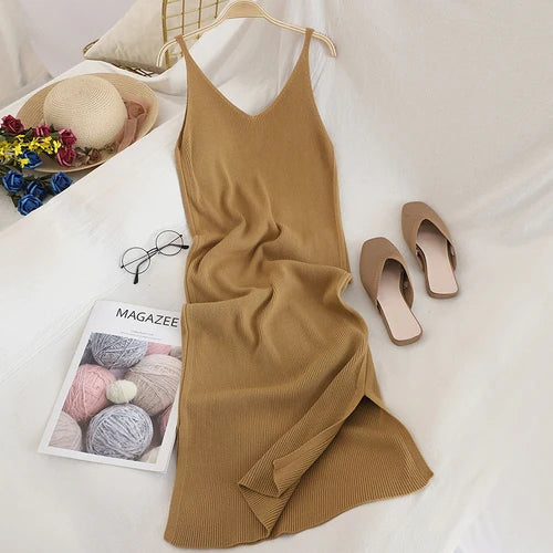 Women’s Midi Dress Office Lady – Spaghetti Straps & V-Neck