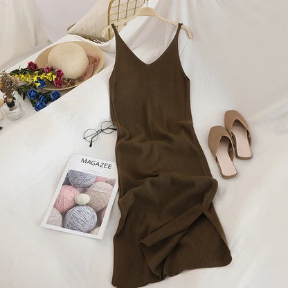 Women’s Midi Dress Office Lady – Spaghetti Straps & V-Neck